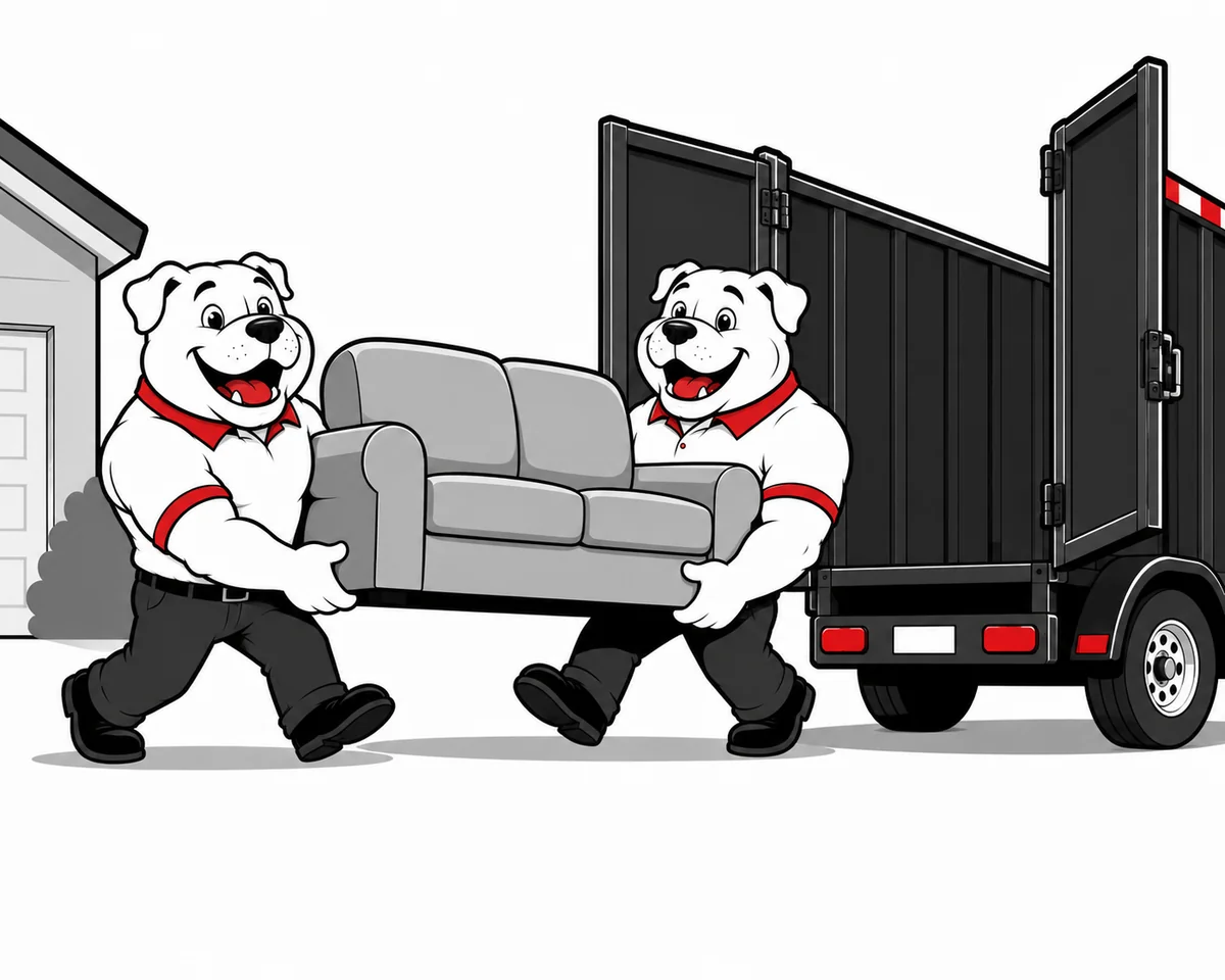 The Dump Dawgz mascots carrying a couch to a trailer